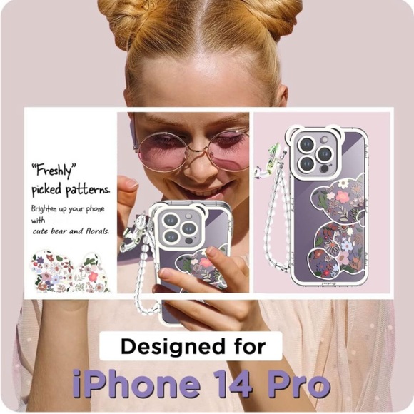 NEW🔥A1Case iPhone 14 Pro Protective Trendy Bear/Floral Clear With Wrist Strap - Picture 2 of 9